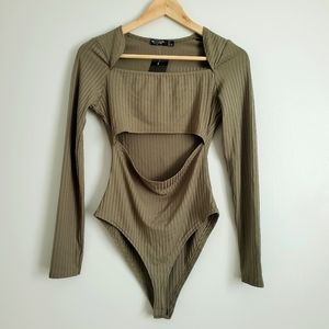 NWT Nasty Gal Long Sleeve Cutout Bodysuit Olive Green